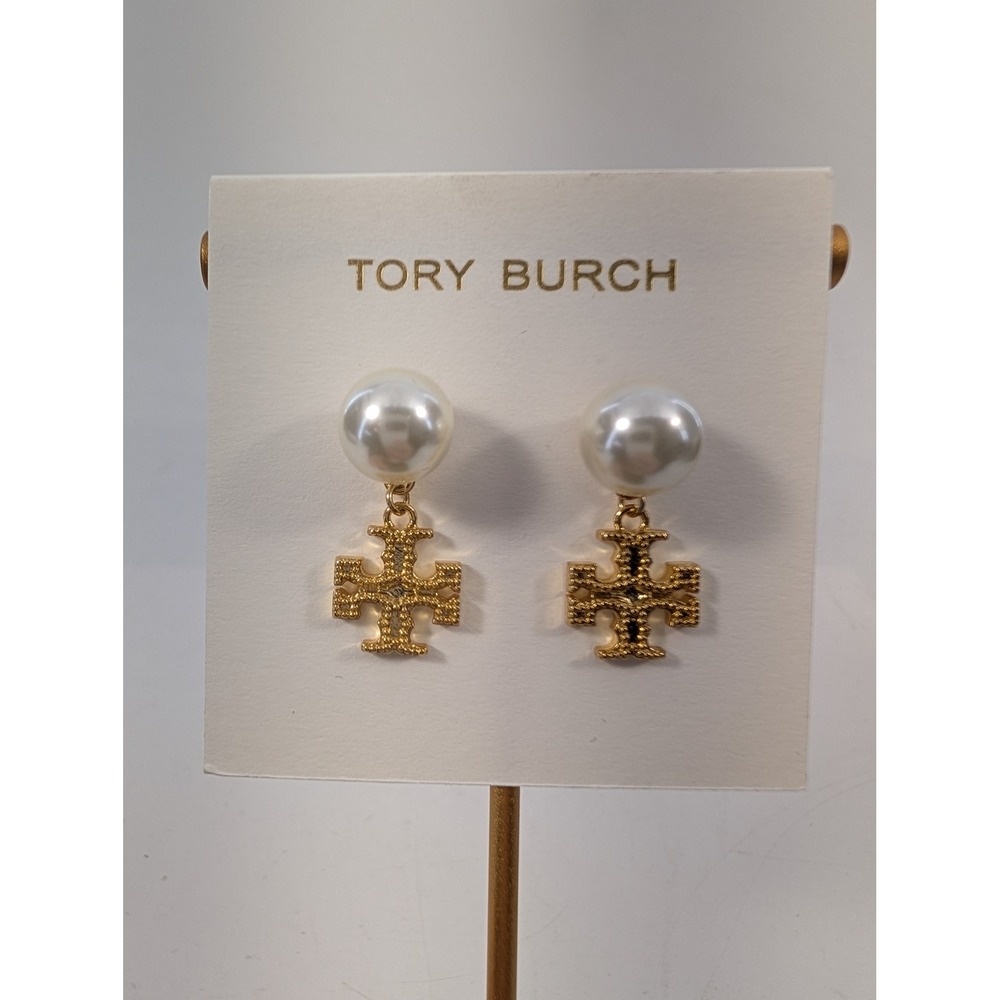 Tory Burch Gold Tone Faux Pearl Crystak T-Logo Drop Earrings